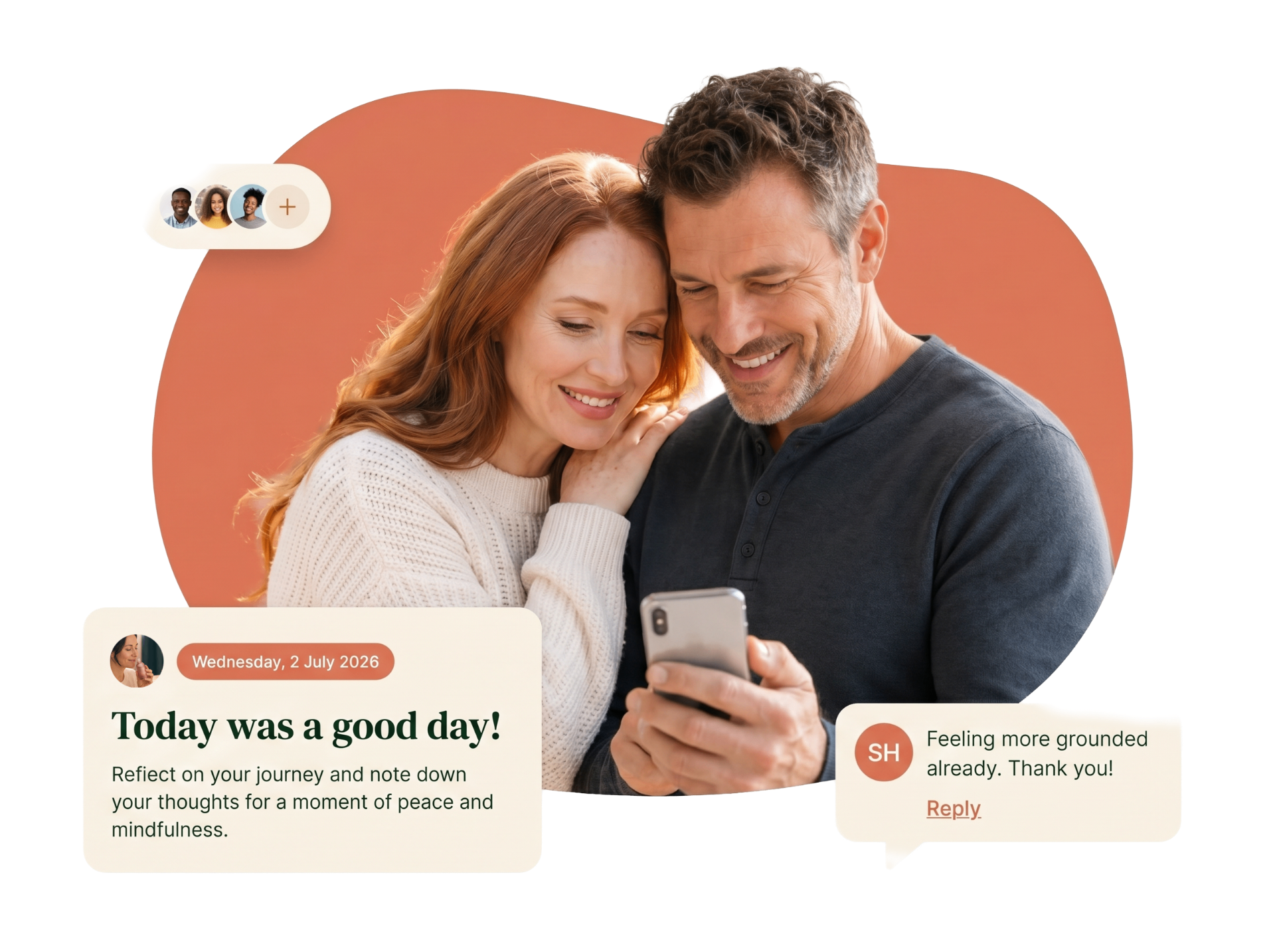 A couple looking together at a smartphone with the Welixa wellness app